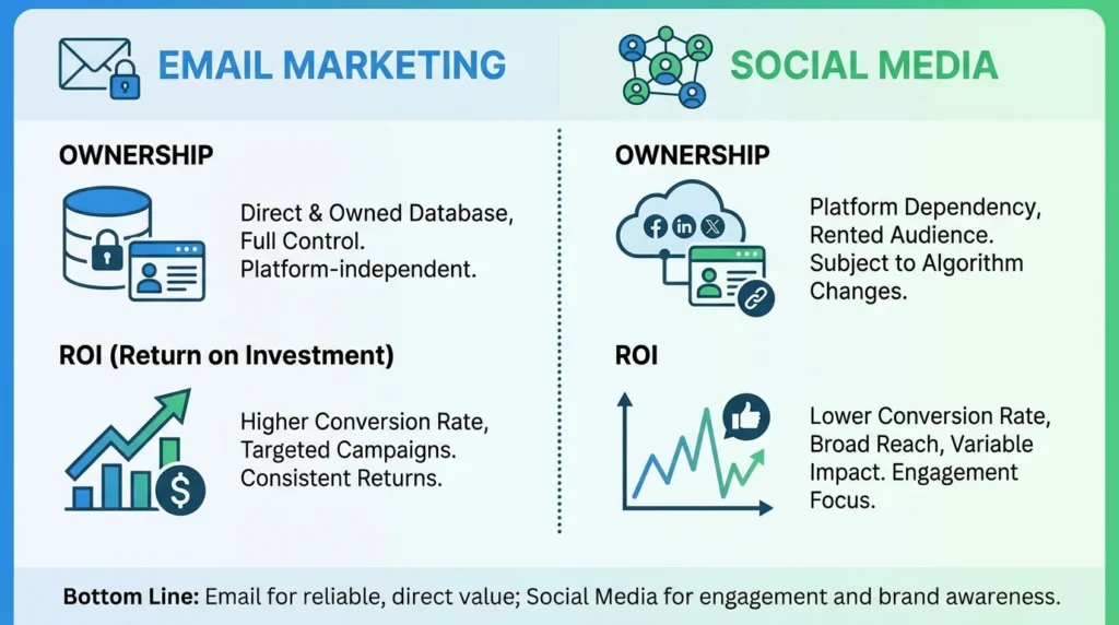 Comparison chart of email vs social media ownership and ROI