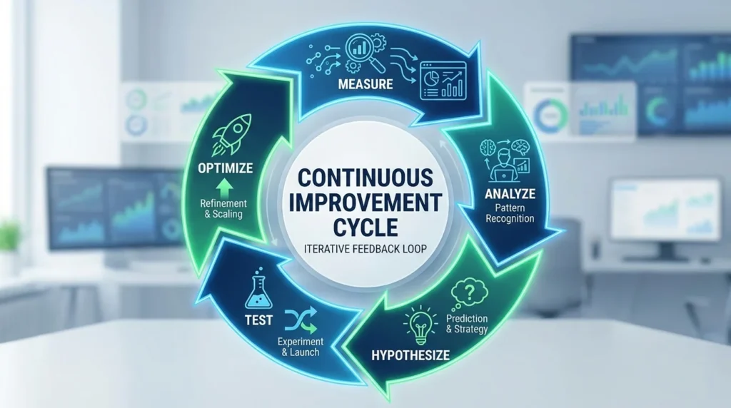 Cycle diagram of the feedback loop (measure-analyze-hypothesize-test-optimize) – purpose emphasize the iterative process