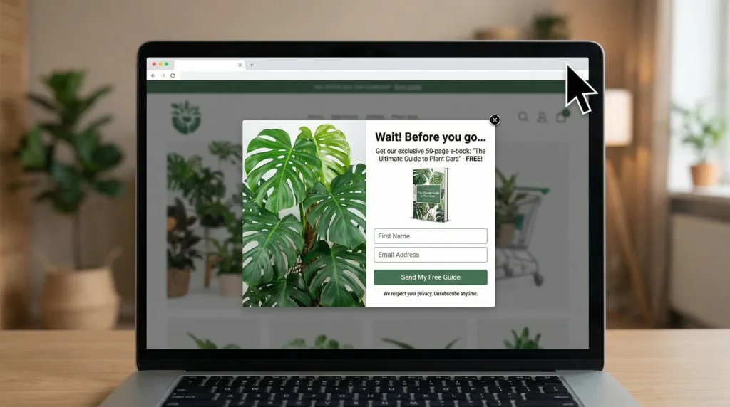Example of an exit-intent pop-up form on a website – purpose demonstrate effective list-building tactic visually