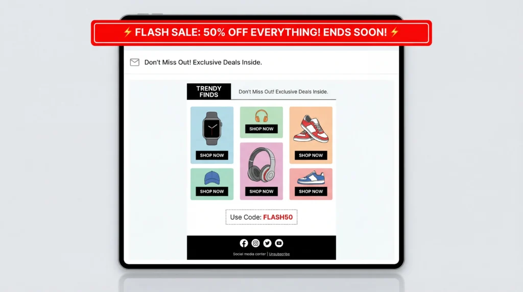 Example promotional email mockup with flash sale banner