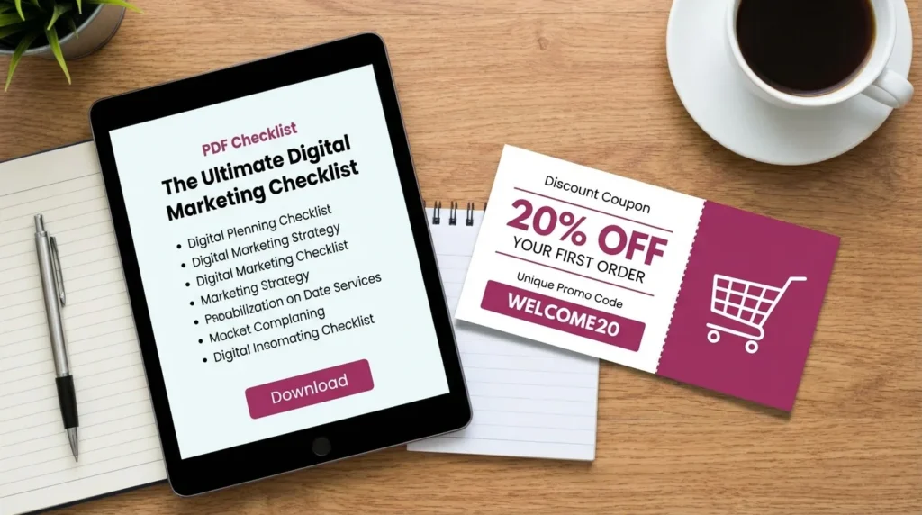 Examples of lead magnets like PDF checklist or discount coupon