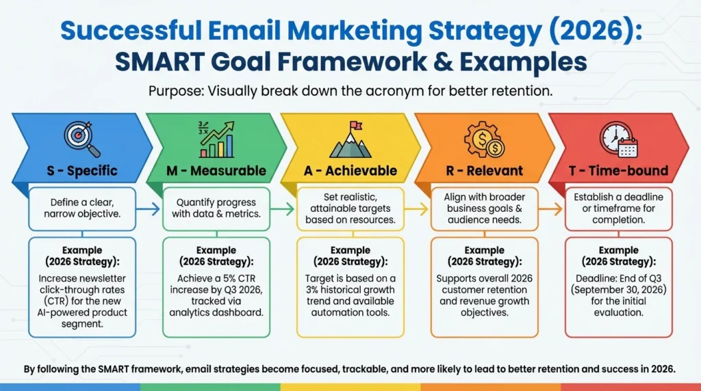 Infographic illustrating the SMART goal framework with examples – purpose visually break down the acronym for better retention