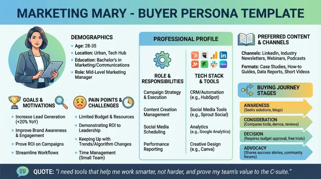 Sample buyer persona template or illustrated profile of Marketing Mary – purpose provide a visual example to inspire persona creation